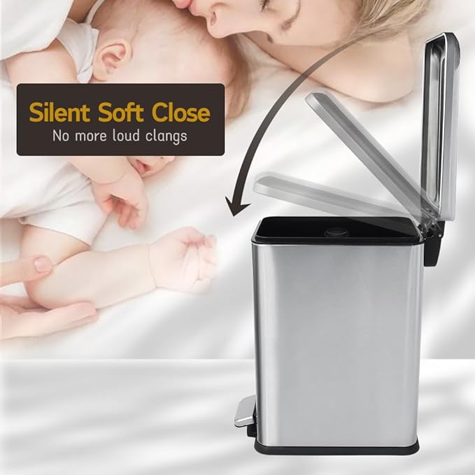Silver 10L/2.6 Gallon Bathroom Trash Can with Lid,features a removable inner bucket, a soft - close lid and a stainless - steel step pedal,ideal for use in the bathroom, kitchen, and home office.