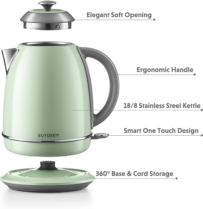 BUYDEEM K640 Stainless Steel Electric Tea Kettle with Auto Shut-Off and Boil Dry Protection, 1.7 Liter Cordless Hot Water Boiler with Swivel Base, 1440W, Cozy Greenish