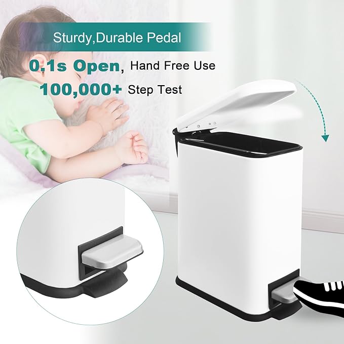 1.3 Gallon Stainless Steel Trash Can - Small Bathroom & Office Waste Bin with Lid, Compact Design, Durable Metal Construction, (White)
