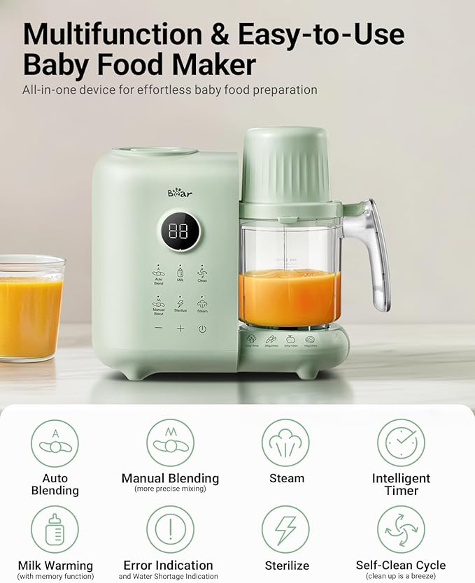 Bear Baby Food Maker with Two Layer Steam Baskets, One Step Baby Food Processor Steamer Puree Blender, Baby Food Mill with Bottle Warming Sterili-zing Auto Cleaning Function, BPA-Free