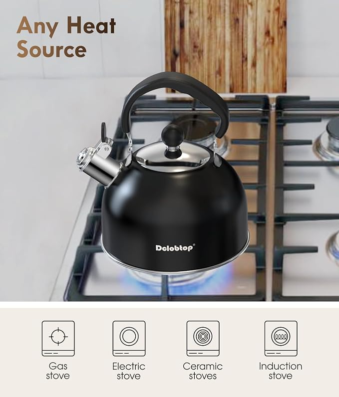 Premium Stainless Steel Tea Kettle for Stove Top - 2 Quart Capacity, Efficient Heating, Audible Whistle, Safe Handle - Ideal for Hot Water & Tea(black)