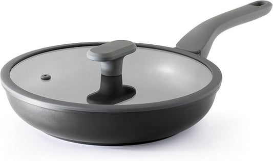 PRICUSIS Nonstick Ceramic Frying Pan with Lid, 8/10 Inch Skillet with Stay Cool Handle, Fully Coated, Induction Compatible & Oven Safe, 100% Dishwasher Safe, PTFE & PFOA Free（8 Inch, Black Sesame）