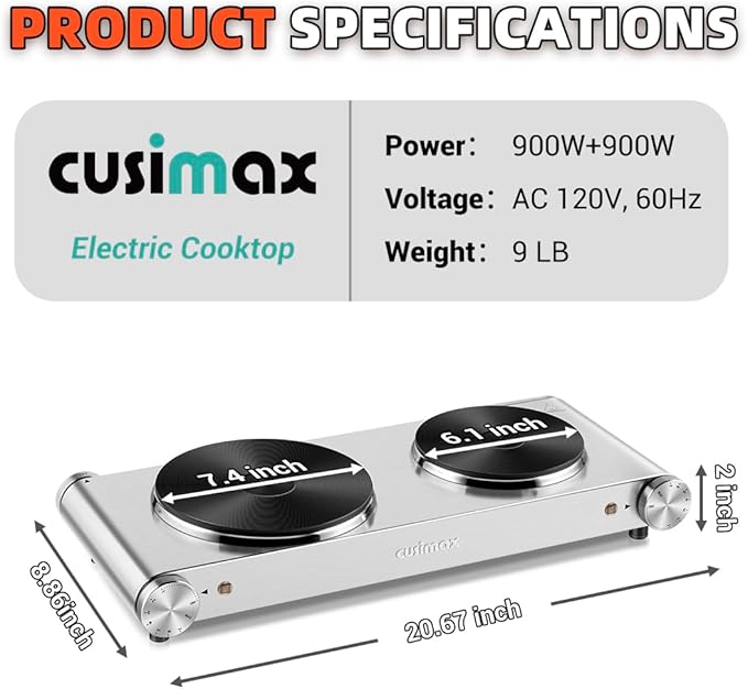 Hot Plate, CUSIMAX Double Burner, Electric Hot Plates for Cooking, 1800watts Portable Countertop Stove, Cast Iron Heating Plates, Used for Camping/Travel Trailers/Dorms, Stainless Steel Cooktop