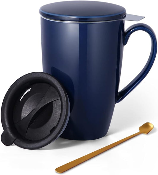 Tea Cup with Infuser and Lid, 17 oz Large Tea Infuser Mug with 2 Lids, Ceramic Teacups for Women, Men, Kids, Loose Leaf, Gifts