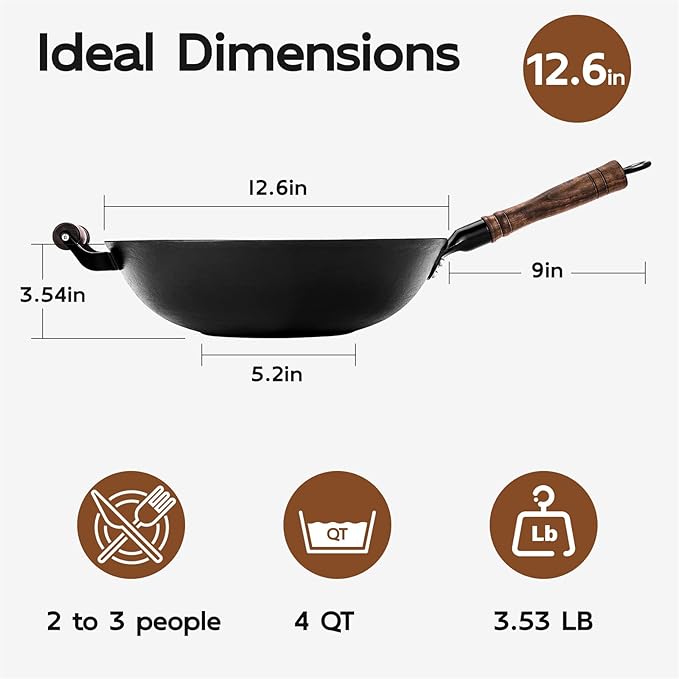 WANGYUANJI Iron Wok 12.6" Chinese Flat Bottom Wok – Chemical-Free with Stainless Steel Spatula for All Stoves