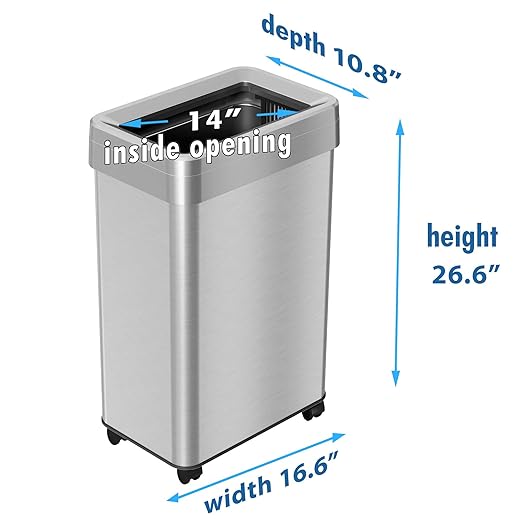 iTouchless 16 Gallon Open Top Kitchen Trash Can Recycling Bin with Wheels and Double Odor Filters Rectangular Commercial Stainless Steel 60 Liter Trashcan Home Office Work Bedroom Livingroom Garage