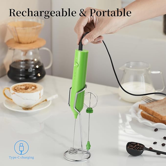 Electric Milk Frother Set, Rechargeable Drink Blender with Wand and Egg Whisk, 3 Speed Adjustable Foam Maker Mixer, Milk Frother Handled for Coffee, Matcha, Protein Powder (Green with Stand)