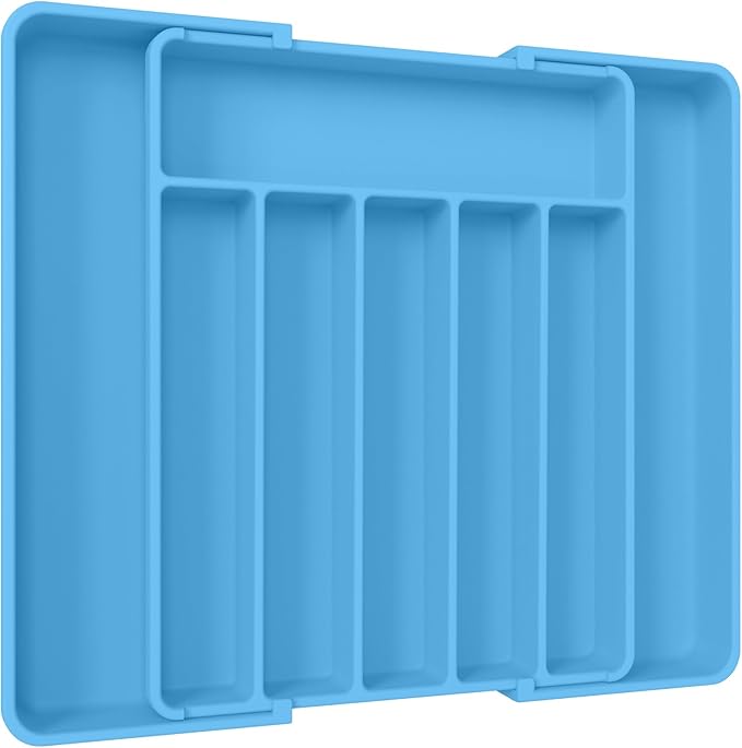Aujen Silverware Organizer - Expandable Kitchen Drawer Organizer, Adjustable Utensil Organizer, Cutlery Tray for Forks, Knives, Multipurpose Kitchen Organizers and Storage Solution, Dark Blue, Large