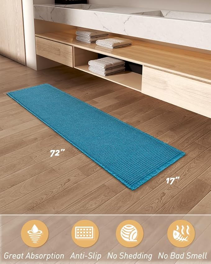 AMOAMI Upgraded Waffle Runner Rug Super Absorbent Non Slip Bath Mats for Bathroom Machine Washable Bathroom Runner Rug with Tassels, Ideal for Hallway Bedroom Laundry Room, 17" x 72", Teal