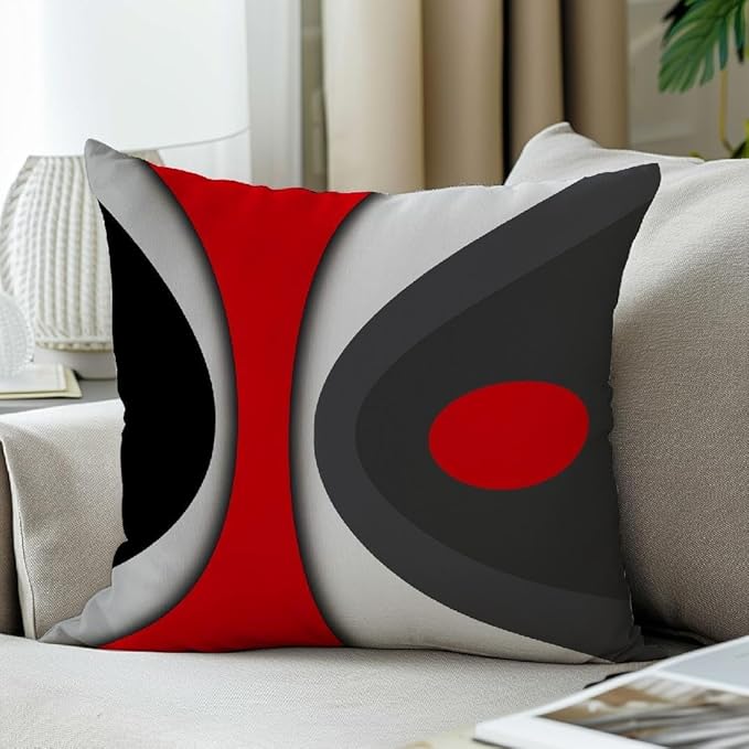 Modern Art Geometric Pillow Cover, Decorative Throw Pillow Covers Black Red Abstract Artwork Cushion Cover for Bedroom Sofa Living Room 16 x 16 Inch Set of 2