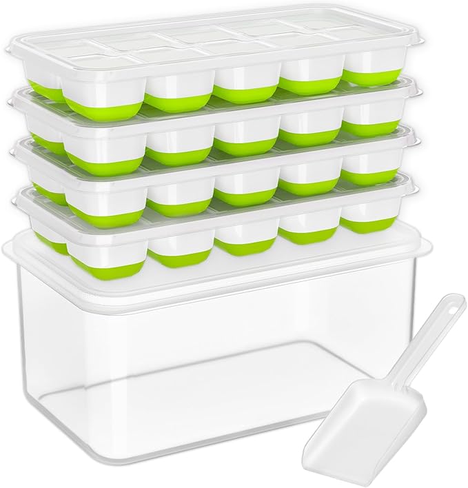 DOQAUS Ice Cube Tray with Lid and Bin, 4 Pack Silicone Plastic Ice Cubes Trays for Freezer with Box/Container, Stackable with Storage Iced Bucket Kits, Scoop, for RV, Soup, Food, Cocktail, Coffee
