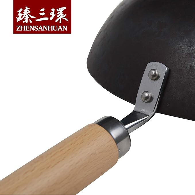 臻三环 ZhenSanHuan HandHammered Iron Wok Flat Bottom Induction Suitable (32CM Wood Handle)