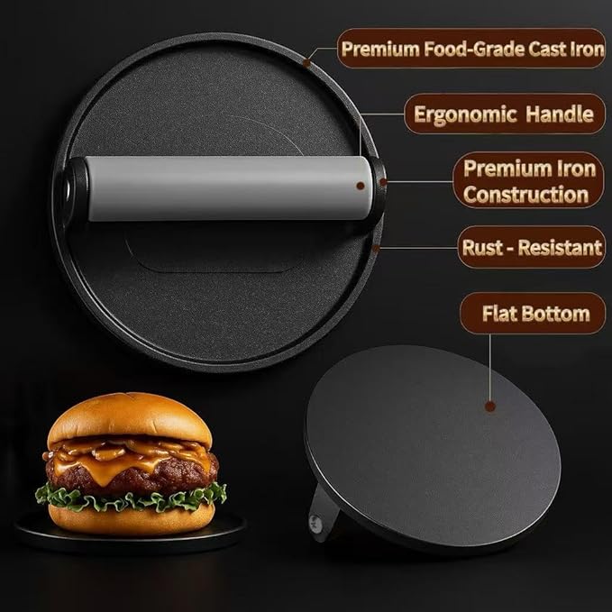 Smash Burger Press 6.7-Inch Round Cast Iron Grill Press with Ergonomic Silicone Handle – Heavy-Duty Bacon with Unique Burger Design for Even Grilling