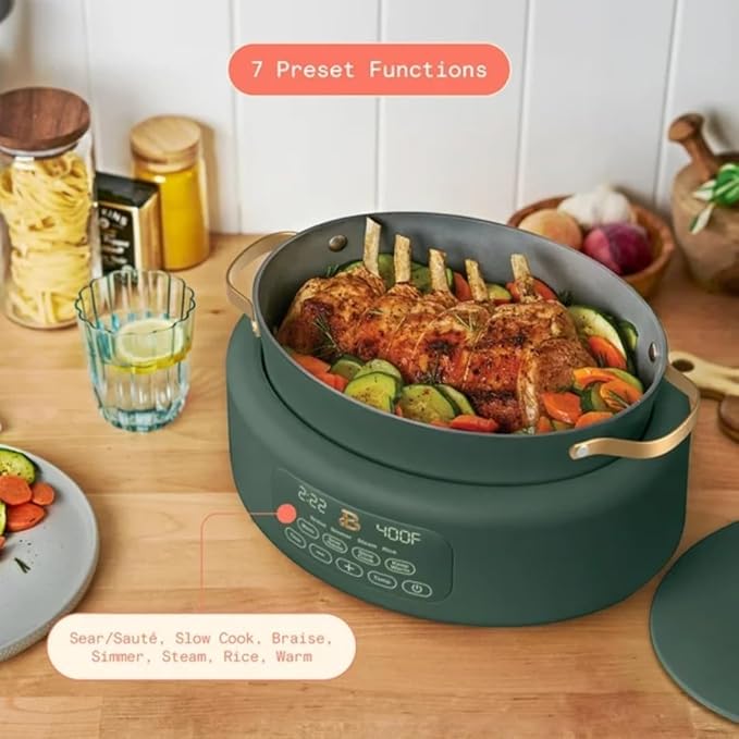 Beautiful 10-in-1 Electric Multi-Cooker by Drew Barrymore, 6-quart, digital display, 10 cooking functions, non-stick pot, easy one-touch control (Thyme Green)