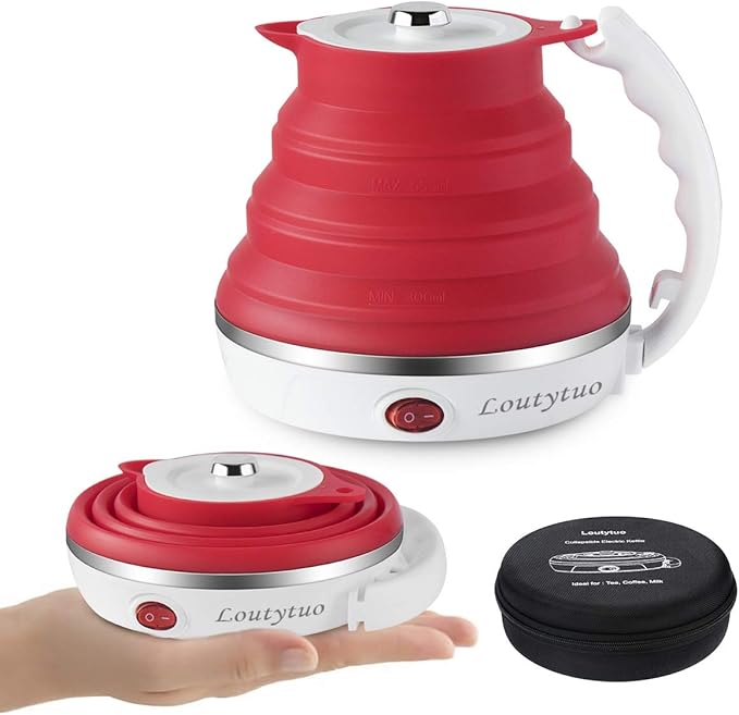Ultrathin Upgraded Food Grade Silicone Travel Foldable Electric Kettle Boil Dry Protection Portable with Dual Voltage and Separable Power Cord,555ML 110-220V US Plug