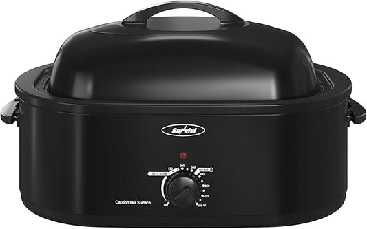 Roaster Oven, Electric Roaster Oven with Viewing Lid, Large Roaster with Removable Pan & Rack, Turkey Roaster with Unique Defrost/Warm Function, Stainless Steel, Black, 18QT