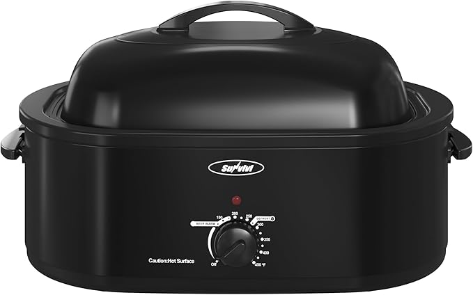 Roaster Oven, Electric Roaster Oven with Viewing Lid, Large Roaster with Removable Pan & Rack, Turkey Roaster with Unique Defrost/Warm Function, Stainless Steel, Black, 20QT