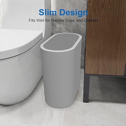 Naisu 15 Liter Rectangular Plastic Trash Can Wastebasket with Press Type Lid,4 Gallon Slim Plastic Trash Bin, Trash Can Waste Bins for Bedroom, Bathroom, Office, Kitche, Powder Room（Grey）