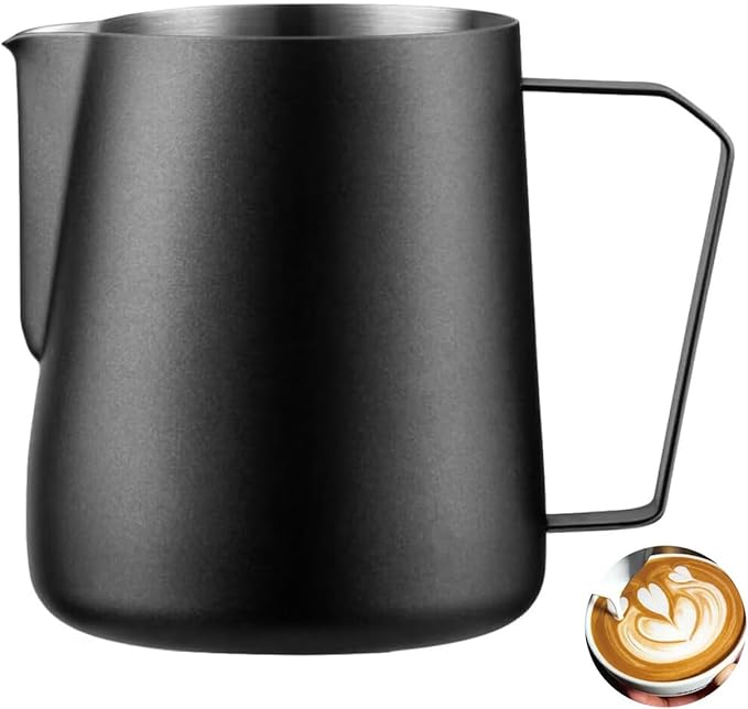 Milk Frothing Pitcher 14oz, Stainless Steel Milk Steaming Pitcher 400ml, Milk Frother Cup with Measurement Marks, Black