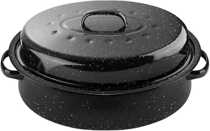 18Inch Roasting Pan, Enamel on Steel, Black Covered Oval Roaster Pan with Lid, Large Cookware for Turkey, Small Chicken, Roast Baking Pan.