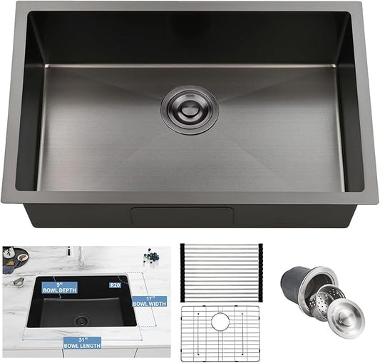 33 Inchs Undermount Kitchen Sink,33 x 19 x 9 Inch Black-Grey Single Bowl Sinks,16 Gauge Stainless Steel Nano Black Sinks with Accessories for Workstation, Prep Kitchen, Bar Sink Drop-in