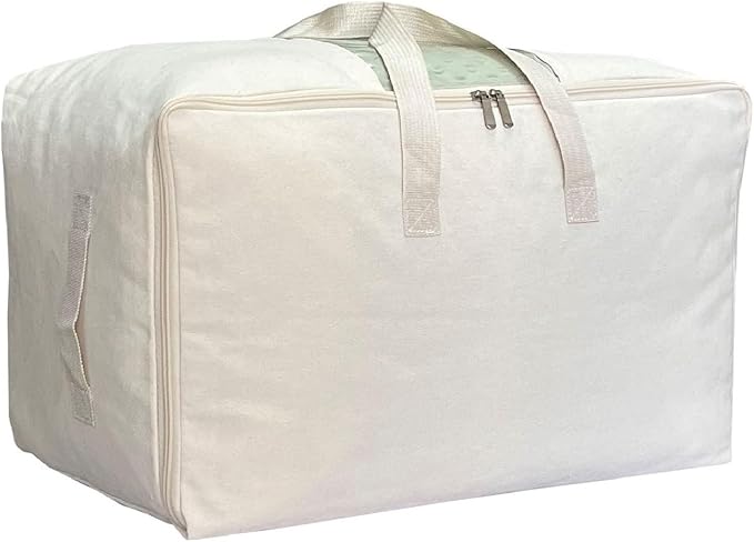 Soft Large Canvas Comforter Storage Bags with Four Carrying Handles and Clear Window, Closet Organizer for Clothing, Blankets Sheets Pillows and Bedding, 80L, Beige