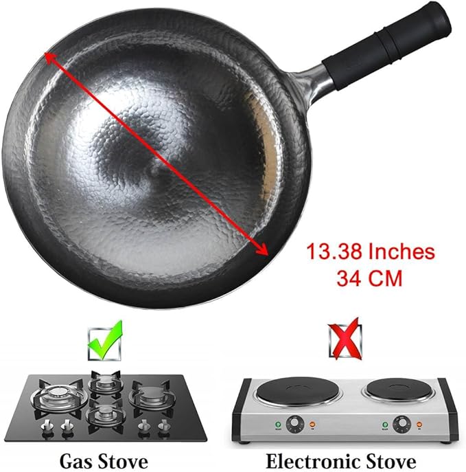 Wok Pan Nonstick Chinese Hand Hammered Woks and Stir Fry Pans Non-stick Carbon Steel Wok Utensils No Coating(13.3 Inch, Round Bottom) 1.8 mm thickness