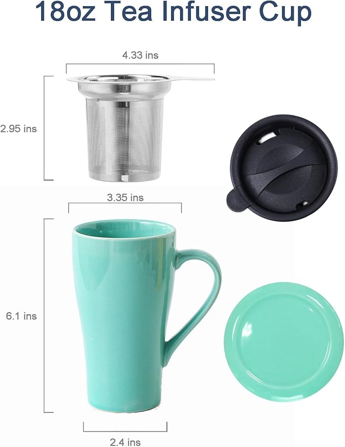 Tea Mug with Infuser and Lid, 18oz Large Tea Infuser Cup, Porcelain Tea Cup with Strainer & Silicone Lid, Tea Mug Set for Birthday, Mother's Day, Father's Day (Mint Green)