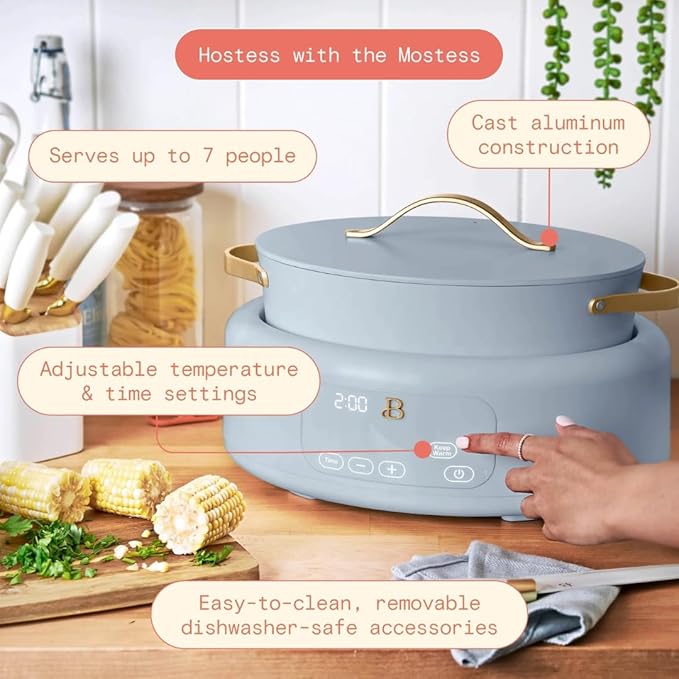 Beautiful 10-in-1 Electric Multi-Cooker by Drew Barrymore, 6-quart, digital display, 10 cooking functions, non-stick pot, easy one-touch control (Cornflower Blue)