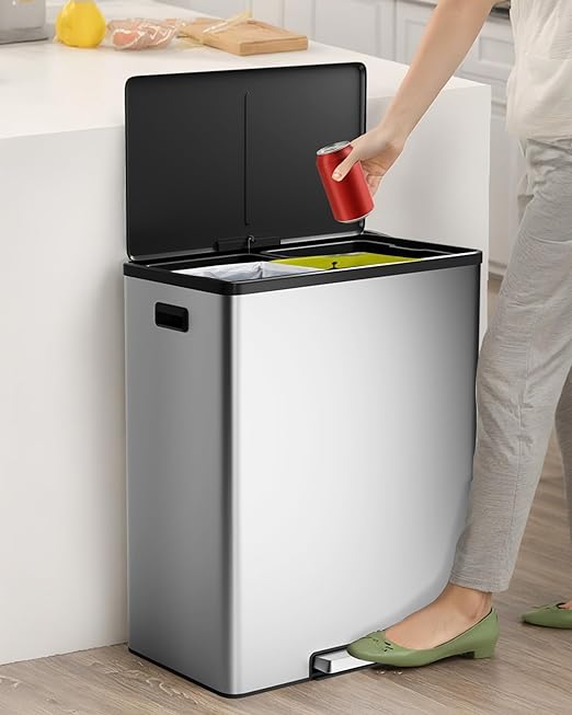 Garvee Dual Trash Can for Recycling and Trash, Stainless Steel Kitchen Trash Can with Lid and Foot Pedal, Double Compartment Garbage Can, with Recycling Bin