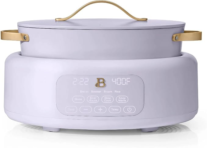 Beautiful 10-in-1 6Qt Electric Multi-Cooker by Drew Barrymore – Slow and Rice Cooker, Steamer, Dutch Oven, Sauté & More – Touch Display, Oven Safe, Dishwasher Safe (Lavender)