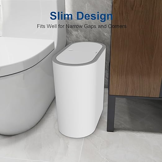 Naisu 15 Liter Rectangular Plastic Trash Can Wastebasket with Press Type Lid,4 Gallon Slim Plastic Trash Bin, Trash Can Waste Bins for Bedroom, Bathroom, Office, Kitchen， Powder Room（White）