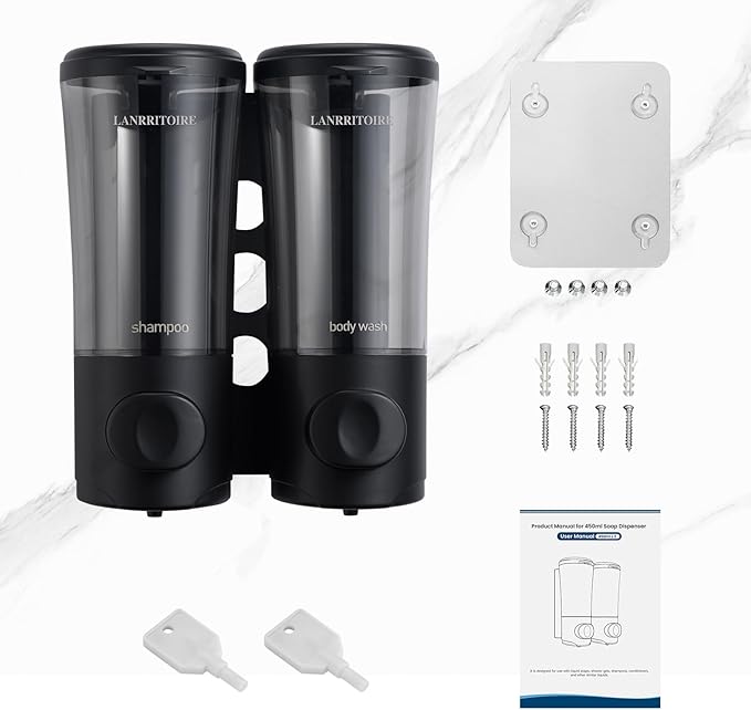 Shampoo and Conditioner Dispenser,Shower Dispenser 2 Chamber No Drill Shampoo Dispenser for Shower Wall Mounted Shower Shampoo Body Wash for Bathroom,Hotel,2 * 450ML,Black