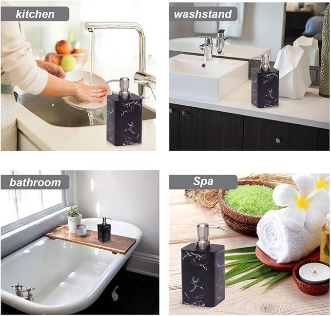 Soap Dispenser, 15 Oz with with Brushed Nickel Pump,Refillable Liquid Square Decorative Soap Dispenser for Hand Soap,Dishwashing Liquid and Hand Lotion-Black Marble Style