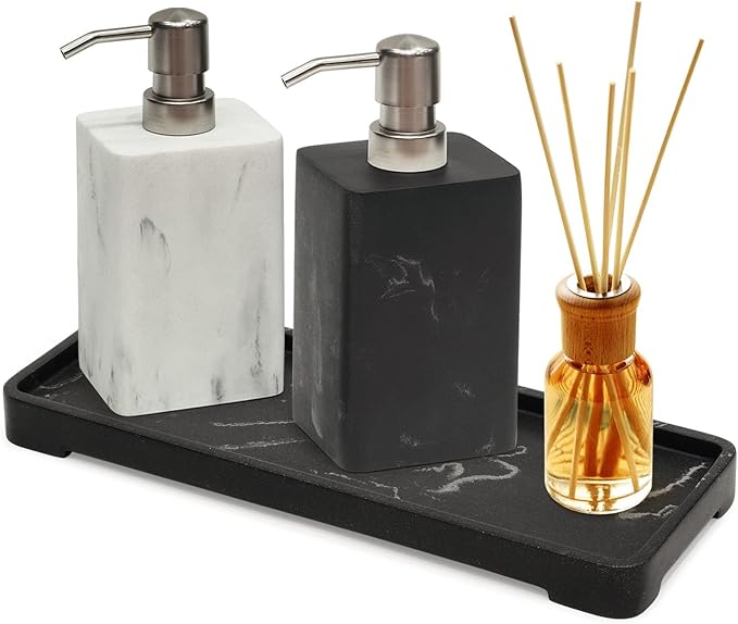 2Pcs Hand Soap Dispenser Sets for Bathroom Countertop,Refillable Marble Texture Resin Stone Liqiud Dish Soap Dispenser for Kitchen Sink-15 Oz/445ml (Black&White)