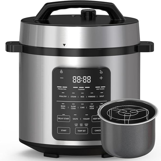 OLIXIS Electric Pressure Cooker 6 Quart Stainless Steel Multi Cooker Electric for Pressure 12-in-1 Rice, Steamer, Yogurt Maker, Slow Cook,Meat Stew, Cake, Porridge, Multigrain,SLV