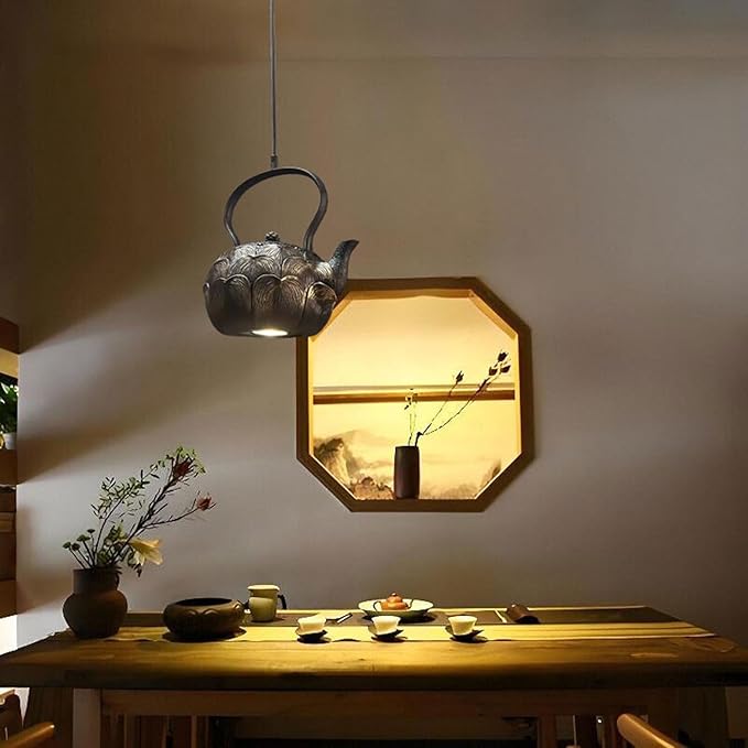 Chinese Retro Tea Kettle Pendant Light Handmade Craft Ceiling Mount 9 Inch for Dining Room Bar Bedroom 3000k