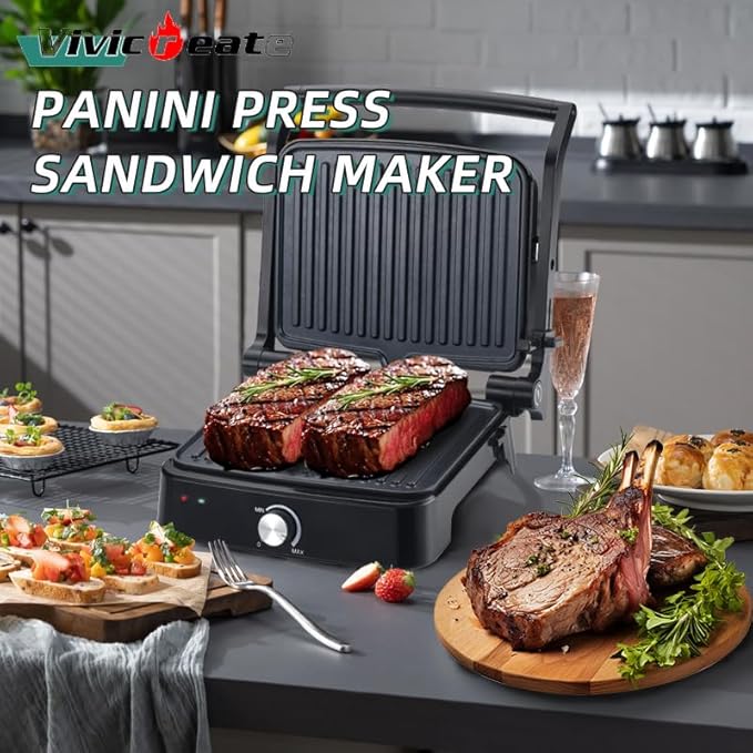 Vivicreate 5-in-1 Contact Grill Panini Press Nonstick Electric Grill Adjustable Temperature Removable Plates Portable for Sandwiches Steak Breakfast Parrilla eléctrica prensa de panini sándwiches