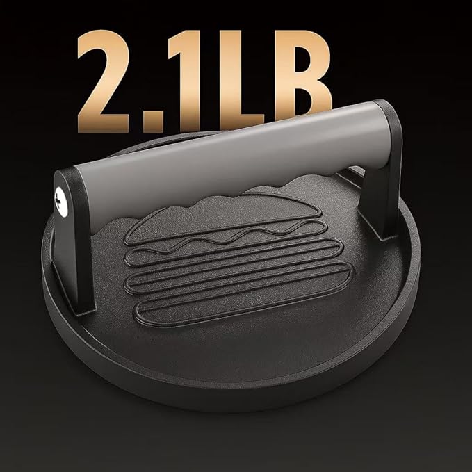Smash Burger Press 6.7-Inch Round Cast Iron Grill Press with Ergonomic Silicone Handle – Heavy-Duty Bacon with Unique Burger Design for Even Grilling