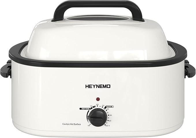 Roaster Oven, Electric Roaster Oven 26 Quart with Viewing & Self-Basting Lid, Turkey Roaster with Defrost & Warm Function, Large Electric Roaster Pan with Removable Pan & Rack, Stainless Steel, White