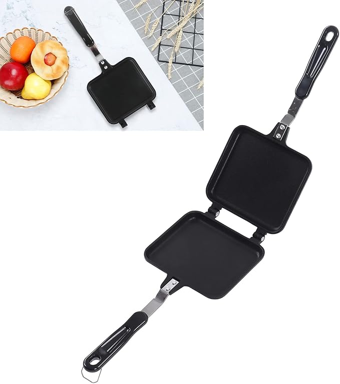 Double Sided Frying Pan, Sandwich Grill Maker with Non Stick Cast Iron Grilling Plate - Foldable Grill for Breakfast, Toast, Panini, Waffle