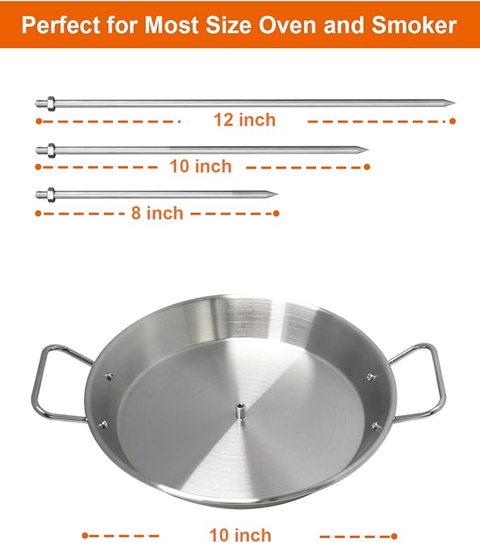 BBQ Vertical Skewer Pan Gyro Spit Stand for oven, Al Pastor Shawarma Skewer for Grill, El Pastor Hack for Tacos Al Pastor Chicken, Brazilian, Stainless Steel, with 8",10" and 12" stick