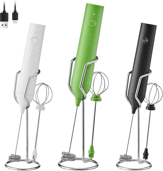 Electric Milk Frother Set, Rechargeable Drink Blender with Wand and Egg Whisk, 3 Speed Adjustable Foam Maker Mixer, Milk Frother Handled for Coffee, Matcha, Protein Powder (Green with Stand)