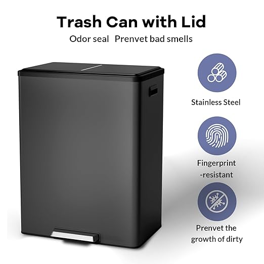 GarveeHome Step Dual Trash Can, 60 L/16 gal Recycle Bins with Lid, 2 Removable Wastebusket, Step Pedal, Large Stainless Steel Double Trash Bin for Kitchen, Bathroom