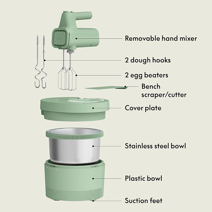 bella 3.5 Qt Hand & Stand Mixer, 2 in 1 Electric Mixer with Bowl, Dough Hook, Whisk & Egg Beater, Multifunctional Handheld Blender & Mixer for Baking, 200 Watt, Seaglass