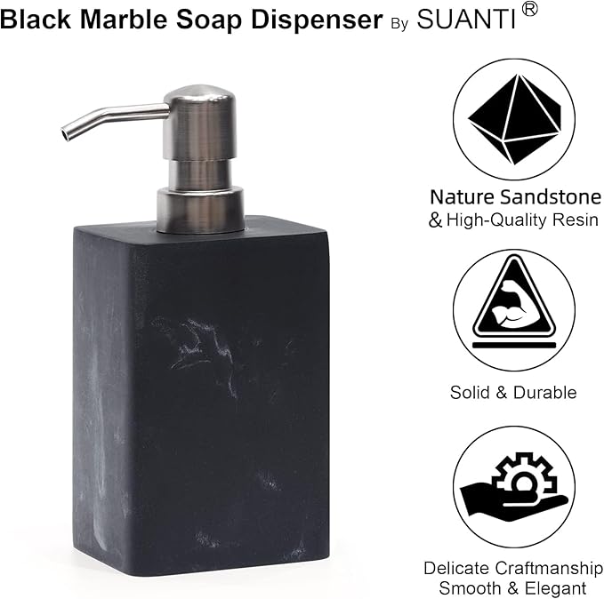 2Pcs 15Oz Black Marble Style Resin Soap Dispenser Set, Refillable Hand Soap Dispenser for Bathroom Countertop & Kitchen Home Decor- Black