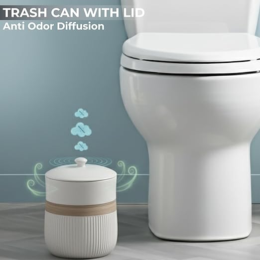 Escenzy Premium White Bathroom Trash Can with Lid 5L | 7" x 10" | Decorative Small Garbage Can | Luxury Ceramic Waste Basket for Bathroom, Bedroom, Kitchen, Hotels or Living Room Decor | Ideal Gift