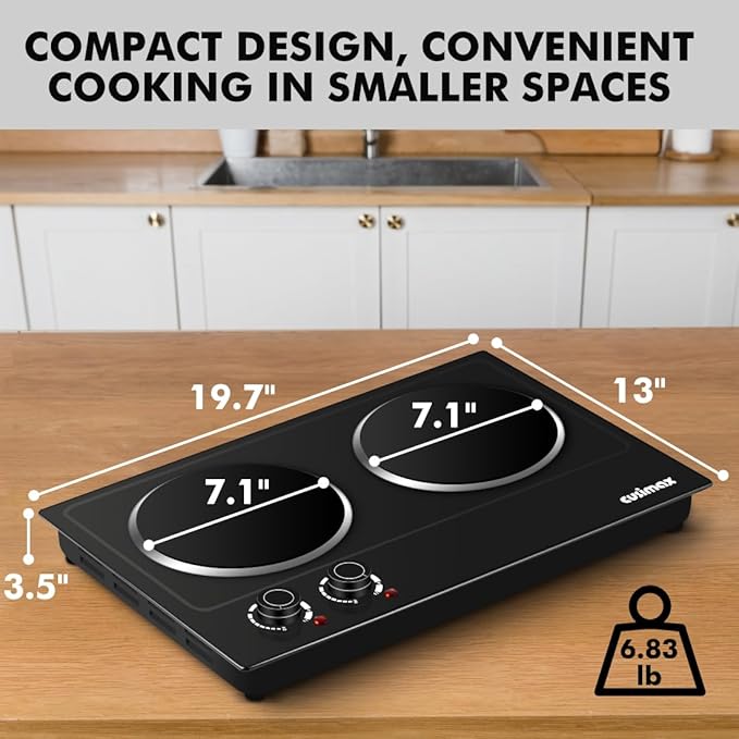 Double Burner, CUSIMAX Hot Plates for Cooking, 1800 Watts Electric Ceramic Infrared Cooktop, Portable Countertop Burner, Glass Plate, Heat-Up in Seconds, Stainless Steel Upgraded Version