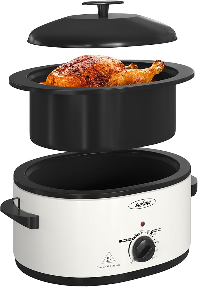 Roaster Oven with Self-Basting Lid, Electric Turkey Roaster Oven with Removable Pan and Rack, Stainless Steel, White, 8 QT