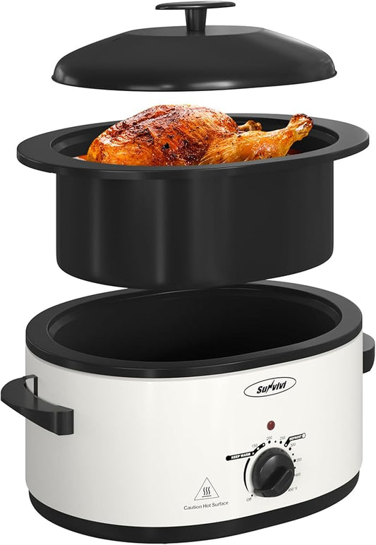 Roaster Oven with Self-Basting Lid, Electric Turkey Roaster Oven with Removable Pan and Rack, Stainless Steel, White, 8 QT